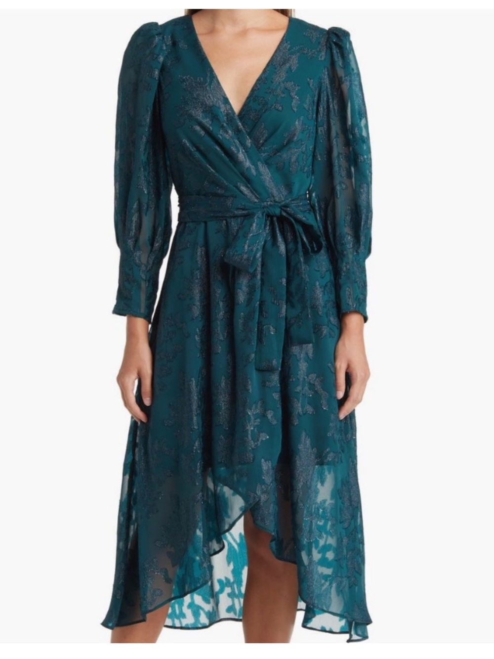 Eliza J Metallic Floral Jacquard Wrap Midi Dress Emerald Green Long Sleeve